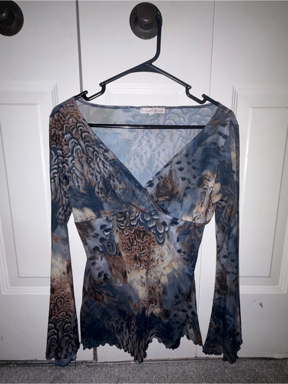 VINTAGE Moa Moa Blue Multi-Print Surplice Long Sleeve Top